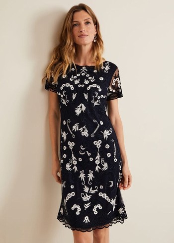 Phase Eight Florisa Embroidered Dress Navy USA | 9014752-MD